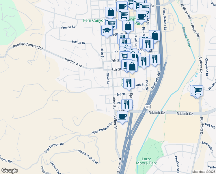 map of restaurants, bars, coffee shops, grocery stores, and more near 328 4th Street in Paso Robles