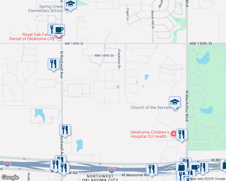 map of restaurants, bars, coffee shops, grocery stores, and more near 15050 North Rockwell Avenue in Oklahoma City
