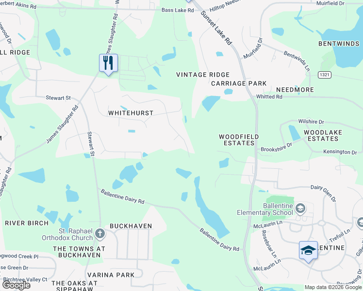map of restaurants, bars, coffee shops, grocery stores, and more near 2613 White Rail Drive in Fuquay-Varina
