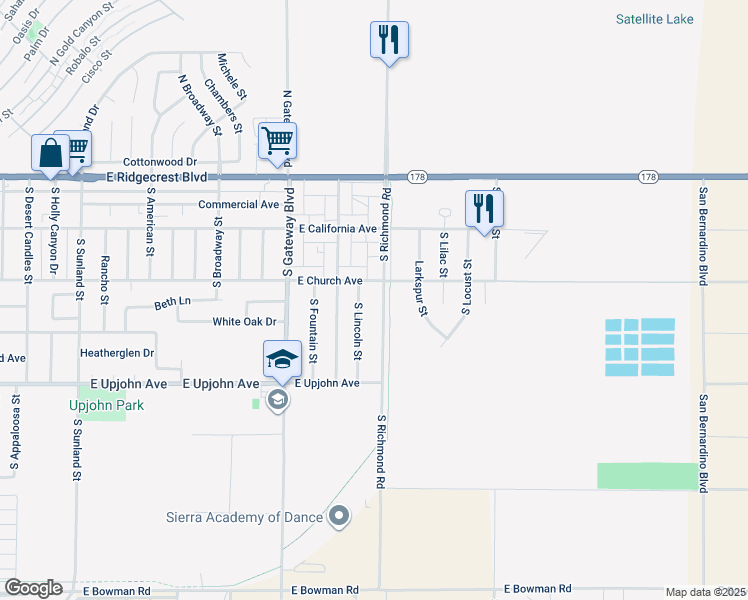 map of restaurants, bars, coffee shops, grocery stores, and more near 313 South Richmond Road in Ridgecrest