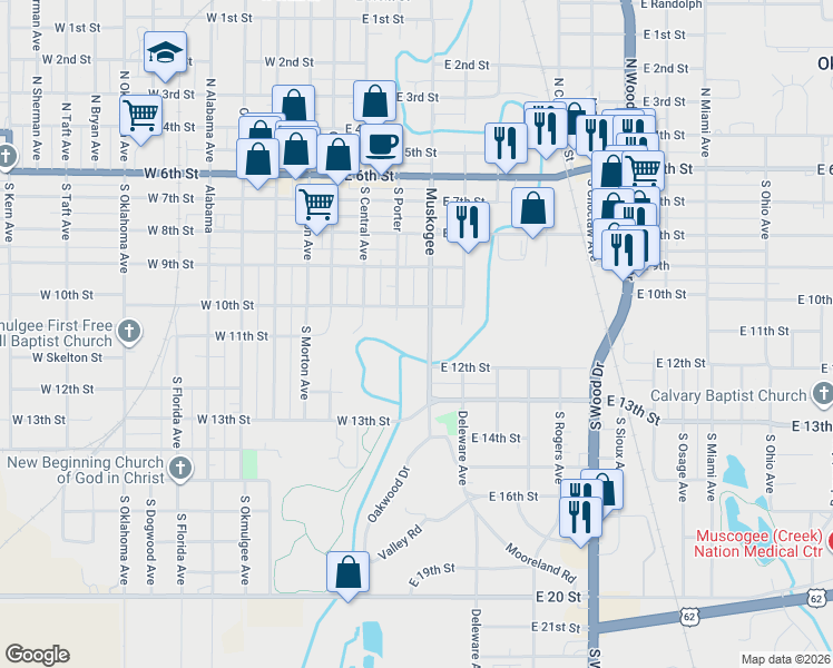 map of restaurants, bars, coffee shops, grocery stores, and more near 700 South Muskogee Avenue in Okmulgee