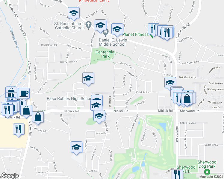 map of restaurants, bars, coffee shops, grocery stores, and more near 415 Veronica Drive in Paso Robles