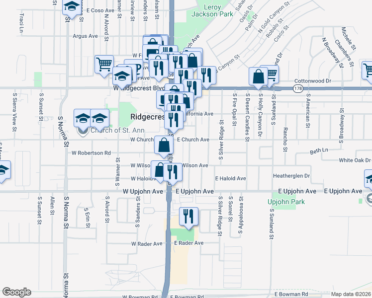 map of restaurants, bars, coffee shops, grocery stores, and more near 329 Lenore Street in Ridgecrest