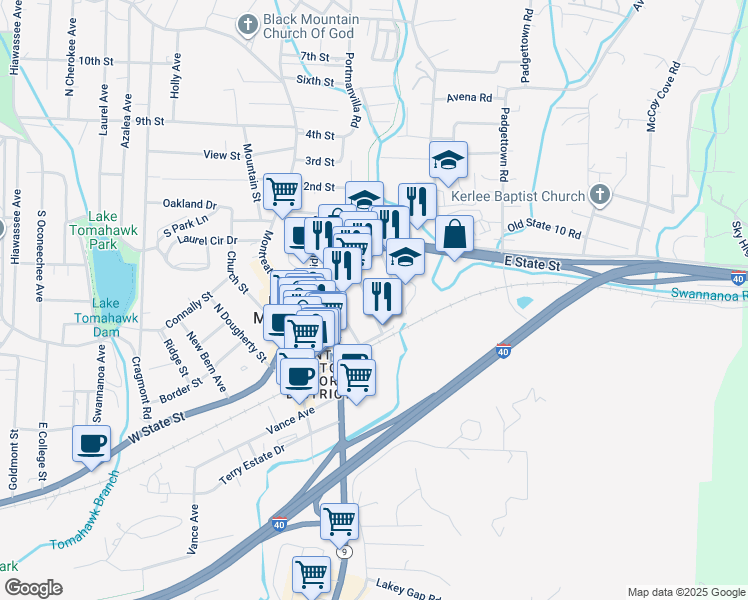 map of restaurants, bars, coffee shops, grocery stores, and more near 131 South Ridgeway Avenue in Black Mountain