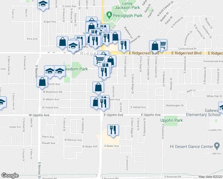 map of restaurants, bars, coffee shops, grocery stores, and more near 313 Lenore Street in Ridgecrest