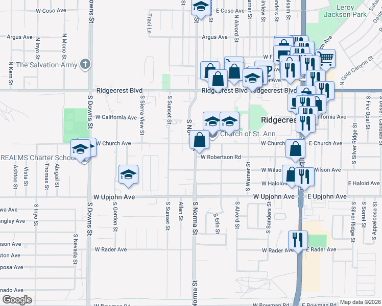 map of restaurants, bars, coffee shops, grocery stores, and more near 361 South Norma Street in Ridgecrest