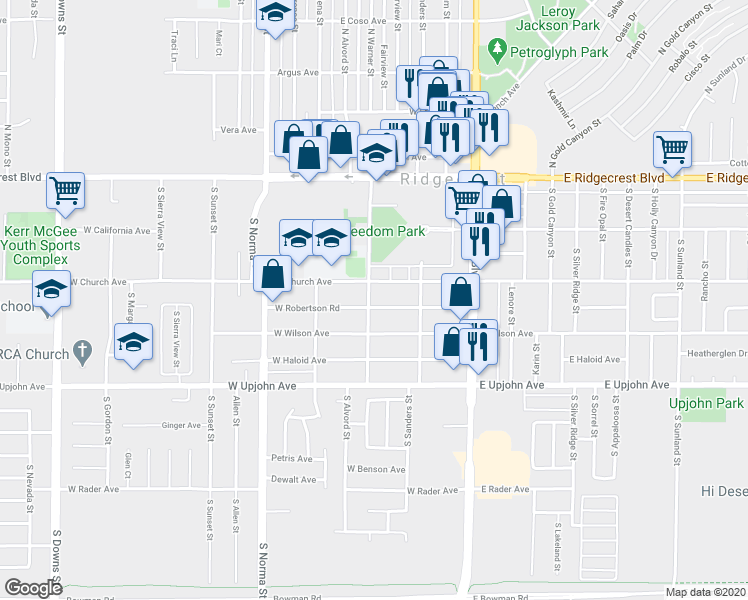 map of restaurants, bars, coffee shops, grocery stores, and more near 240 West Robertson Avenue in Ridgecrest