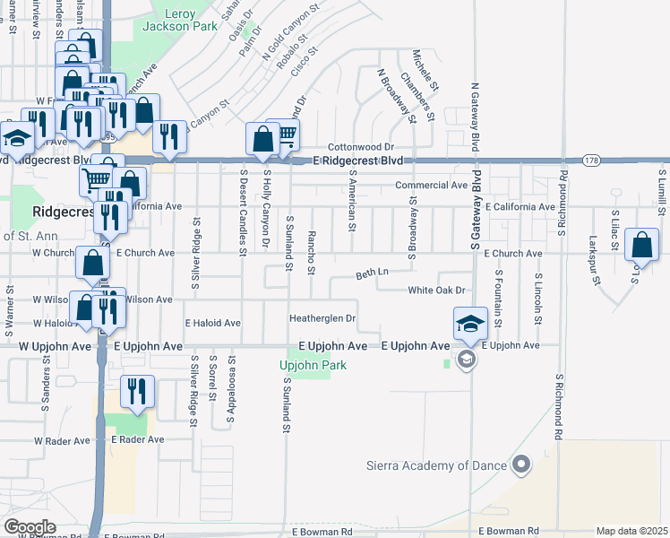 map of restaurants, bars, coffee shops, grocery stores, and more near 540 Beth Lane in Ridgecrest