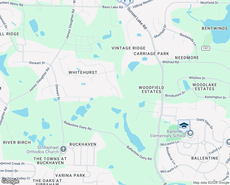 map of restaurants, bars, coffee shops, grocery stores, and more near 2613 White Rail Drive in Fuquay-Varina