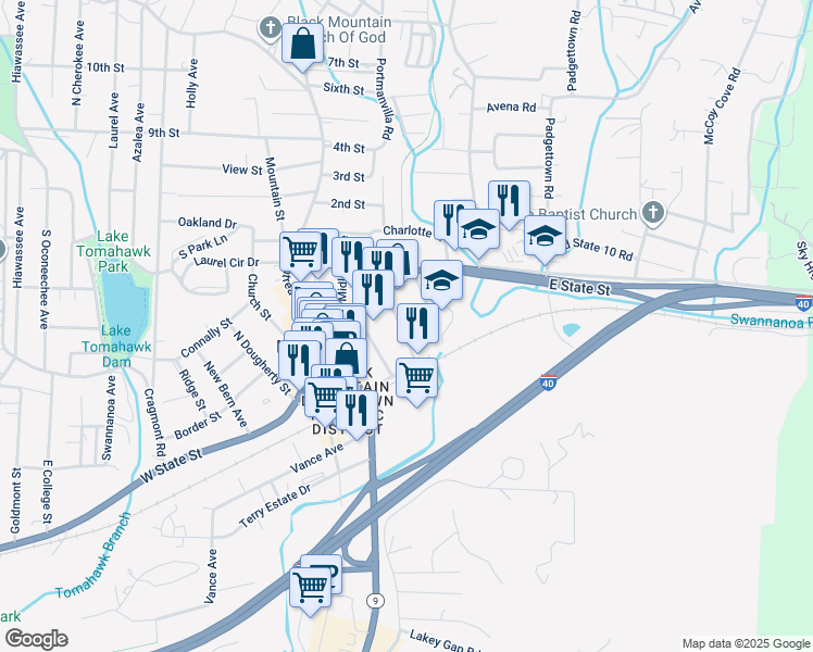 map of restaurants, bars, coffee shops, grocery stores, and more near 131 South Ridgeway Avenue in Black Mountain