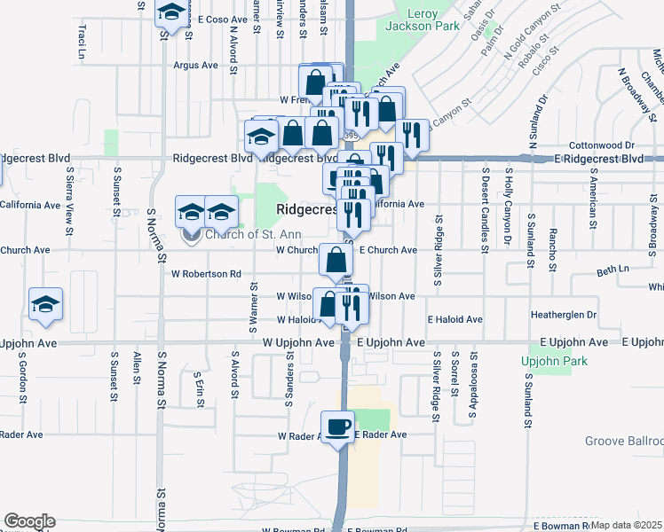 map of restaurants, bars, coffee shops, grocery stores, and more near 110 West Robertson Road in Ridgecrest