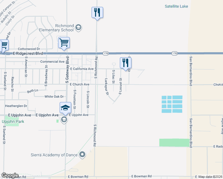 map of restaurants, bars, coffee shops, grocery stores, and more near 243 Larkspur Street in Ridgecrest