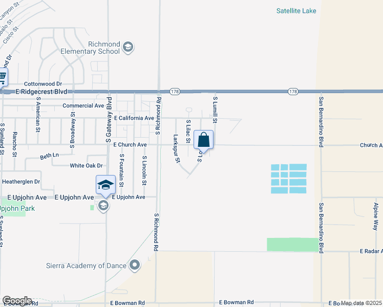 map of restaurants, bars, coffee shops, grocery stores, and more near 308 South Lilac Street in Ridgecrest