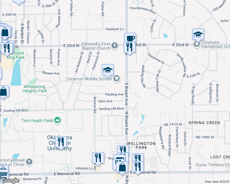 map of restaurants, bars, coffee shops, grocery stores, and more near 3701 South Bryant Avenue in Edmond