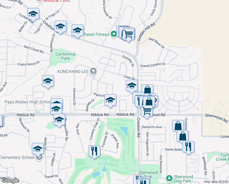 map of restaurants, bars, coffee shops, grocery stores, and more near 414 Janice Street in Paso Robles
