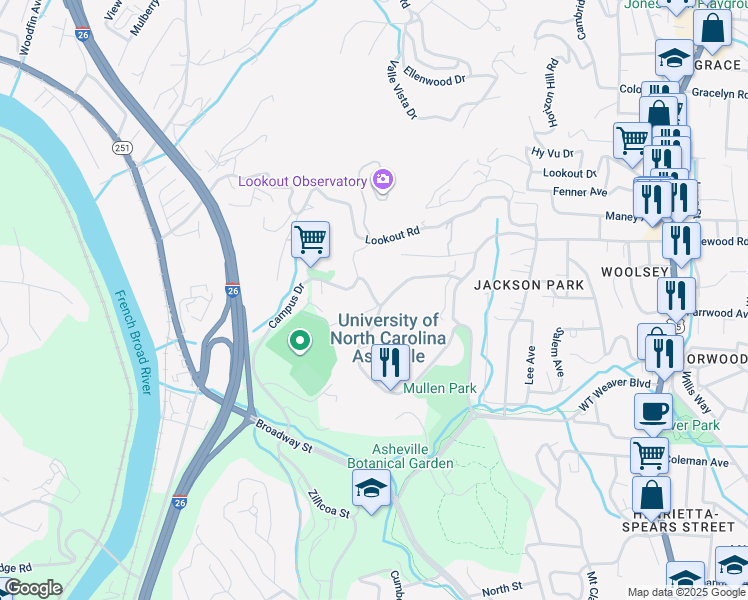 map of restaurants, bars, coffee shops, grocery stores, and more near Campus Drive in Asheville