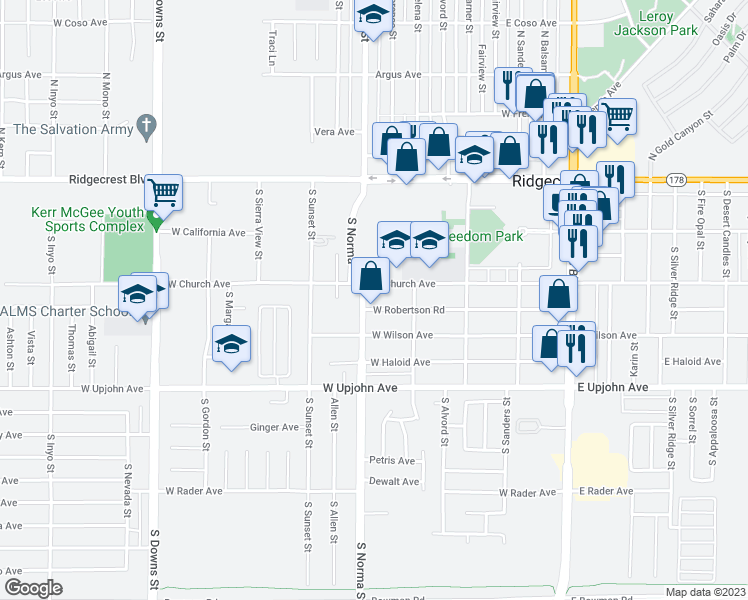 map of restaurants, bars, coffee shops, grocery stores, and more near 432 West Robertson Road in Ridgecrest