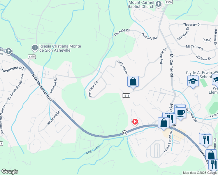 map of restaurants, bars, coffee shops, grocery stores, and more near 39 Fieldcrest Circle in Asheville