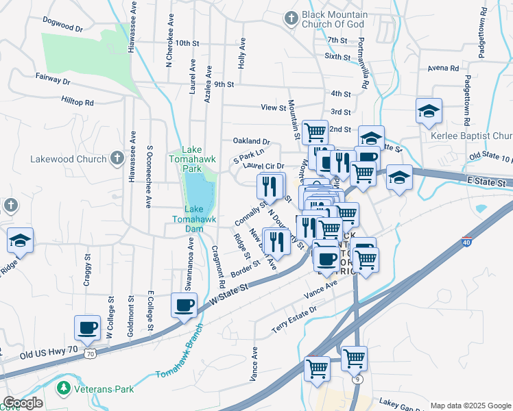 map of restaurants, bars, coffee shops, grocery stores, and more near 110 Connally Street in Black Mountain