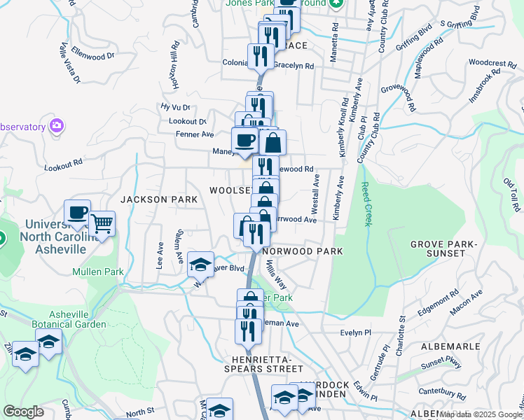 map of restaurants, bars, coffee shops, grocery stores, and more near Merrimon Avenue in Asheville