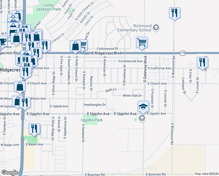 map of restaurants, bars, coffee shops, grocery stores, and more near 240 South Forest Knoll Street in Ridgecrest