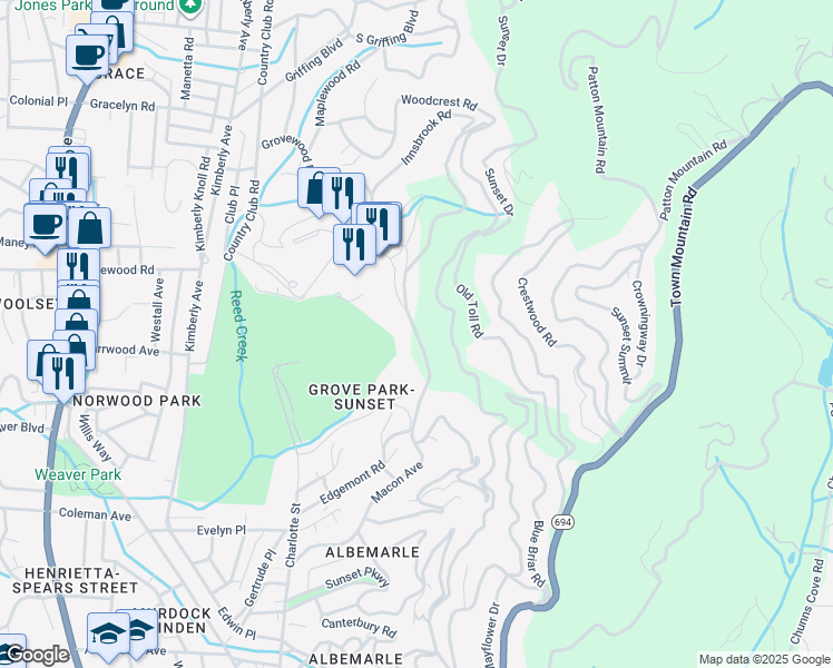map of restaurants, bars, coffee shops, grocery stores, and more near Macon Avenue in Asheville