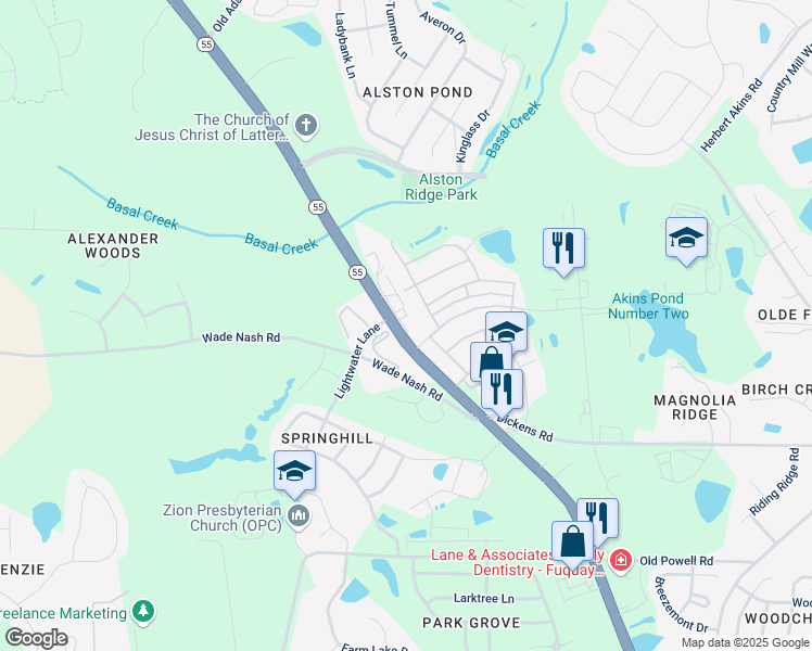 map of restaurants, bars, coffee shops, grocery stores, and more near 2360 Broad Street in Holly Springs