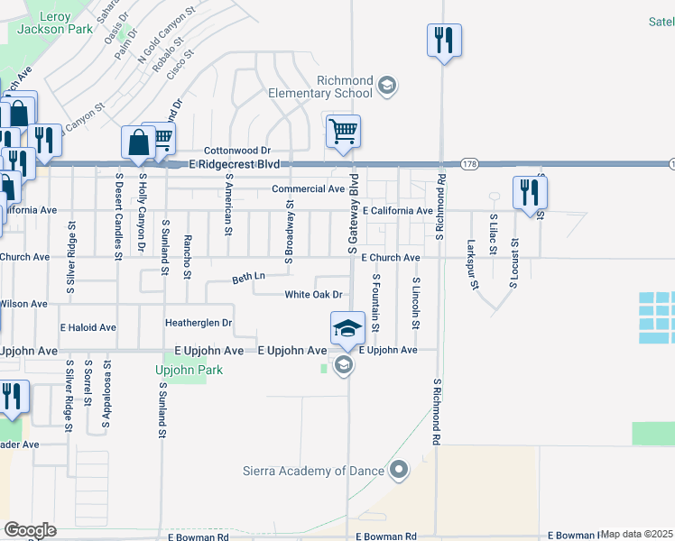 map of restaurants, bars, coffee shops, grocery stores, and more near 824 Walker Lane in Ridgecrest