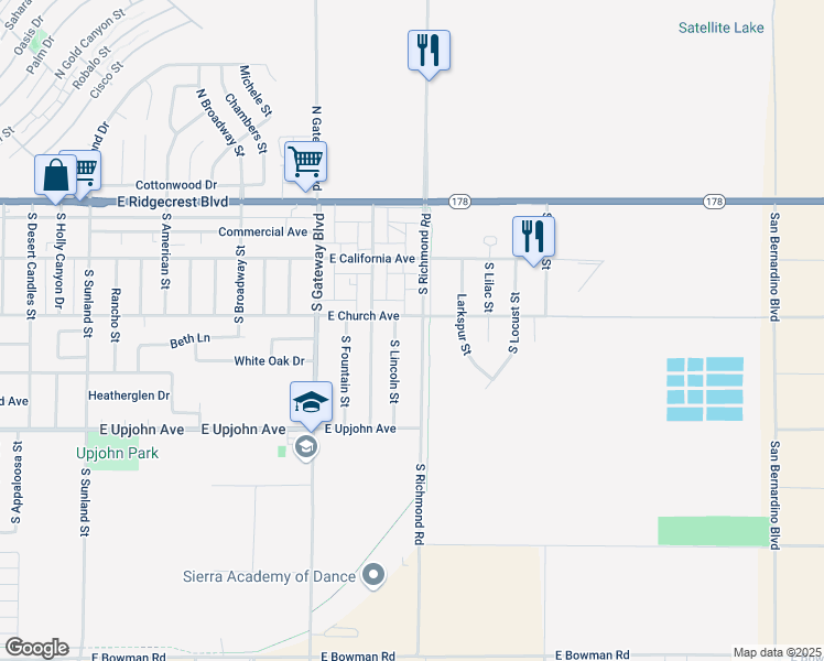 map of restaurants, bars, coffee shops, grocery stores, and more near 233 South Richmond Road in Ridgecrest
