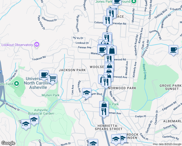 map of restaurants, bars, coffee shops, grocery stores, and more near 18 Durwood Drive in Asheville
