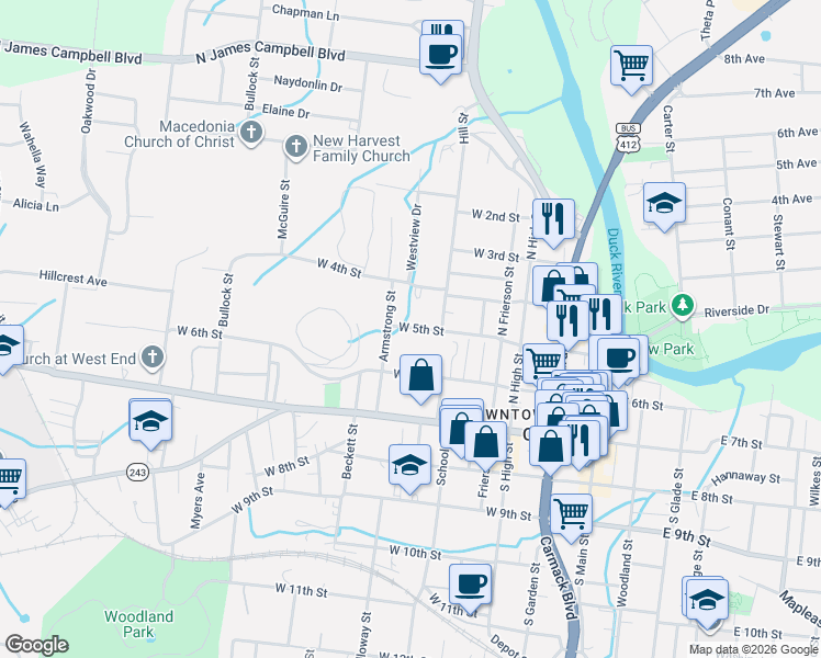 map of restaurants, bars, coffee shops, grocery stores, and more near 517 West 5th Street in Columbia