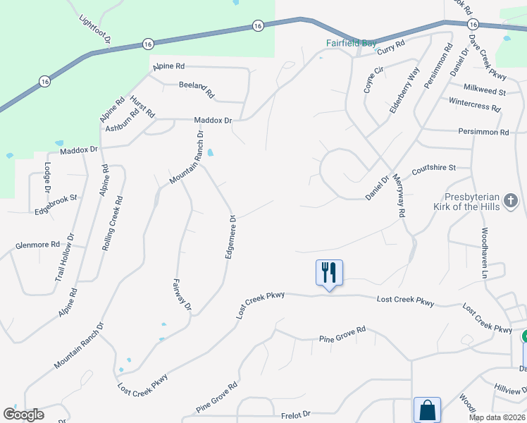 map of restaurants, bars, coffee shops, grocery stores, and more near 114 Edgemere Loop in Fairfield Bay