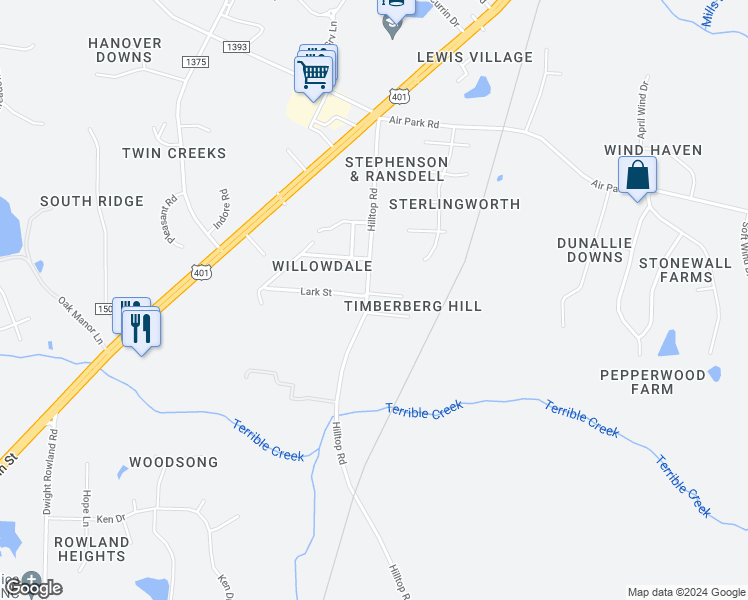 map of restaurants, bars, coffee shops, grocery stores, and more near 5701 Hilltop Road in Fuquay-Varina