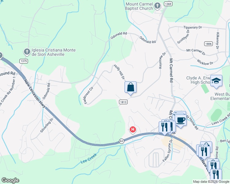map of restaurants, bars, coffee shops, grocery stores, and more near 15 Holly Hill Court in Asheville