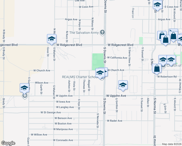 map of restaurants, bars, coffee shops, grocery stores, and more near 300 Abigail Street in Ridgecrest