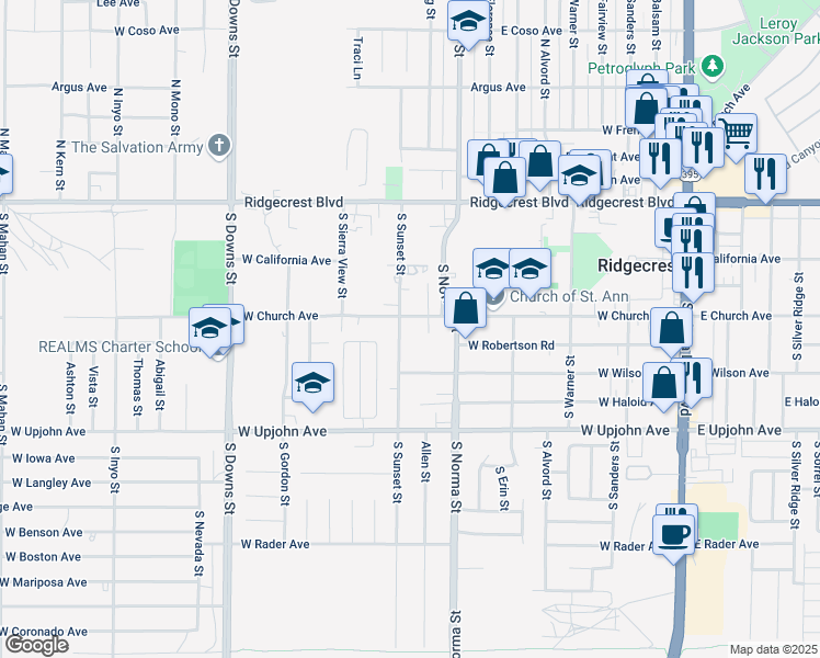 map of restaurants, bars, coffee shops, grocery stores, and more near 312 South Sunset Street in Ridgecrest