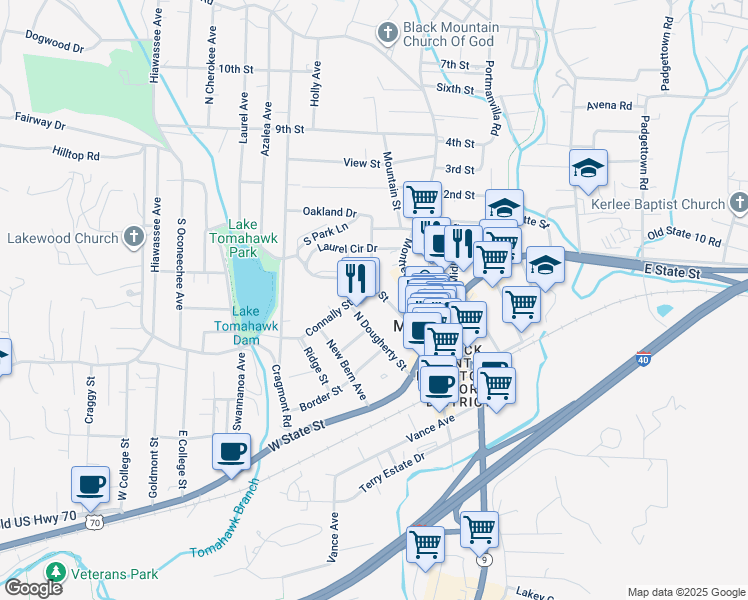 map of restaurants, bars, coffee shops, grocery stores, and more near 124 Church Street in Black Mountain