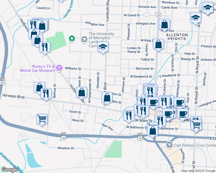 map of restaurants, bars, coffee shops, grocery stores, and more near 407 Lambuth Boulevard in Jackson