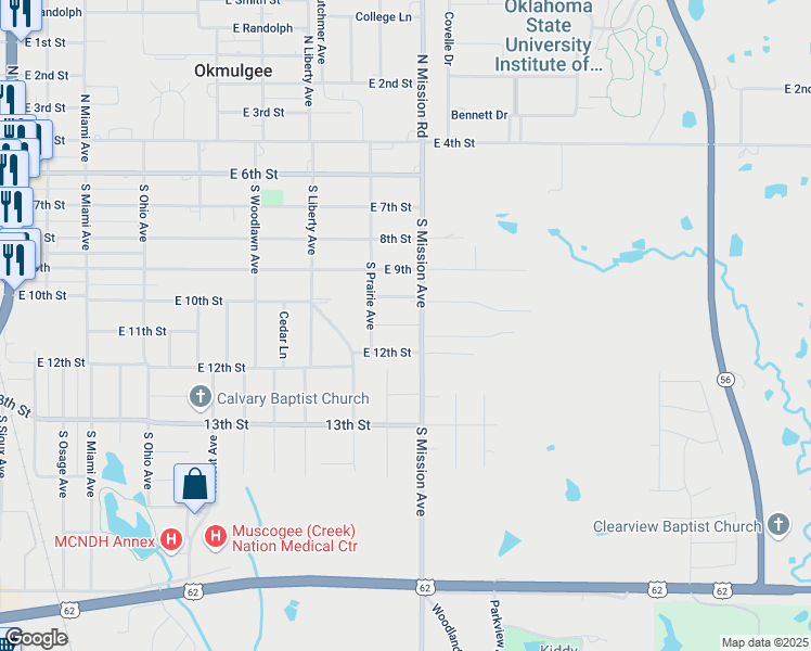 map of restaurants, bars, coffee shops, grocery stores, and more near 504 South Mission Avenue in Okmulgee
