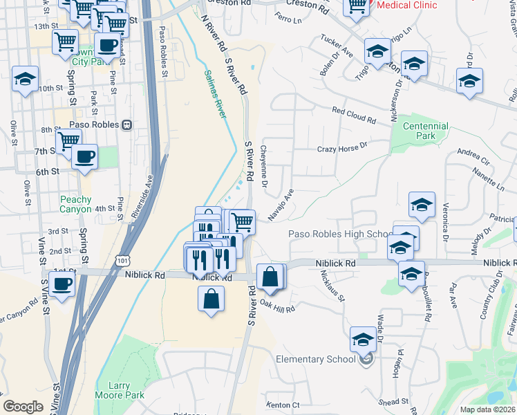 map of restaurants, bars, coffee shops, grocery stores, and more near 207 Navajo Avenue in Paso Robles