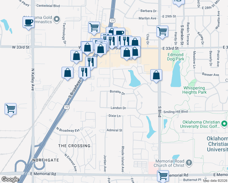 map of restaurants, bars, coffee shops, grocery stores, and more near 3901 Wickersham Drive in Edmond