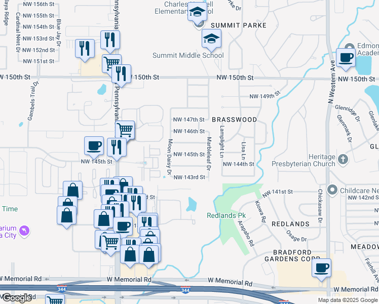 map of restaurants, bars, coffee shops, grocery stores, and more near 1713 Northwest 145th Street in Edmond
