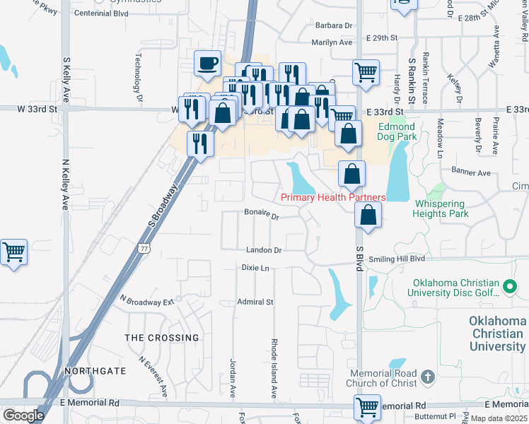 map of restaurants, bars, coffee shops, grocery stores, and more near 61 Bonaire Drive in Edmond