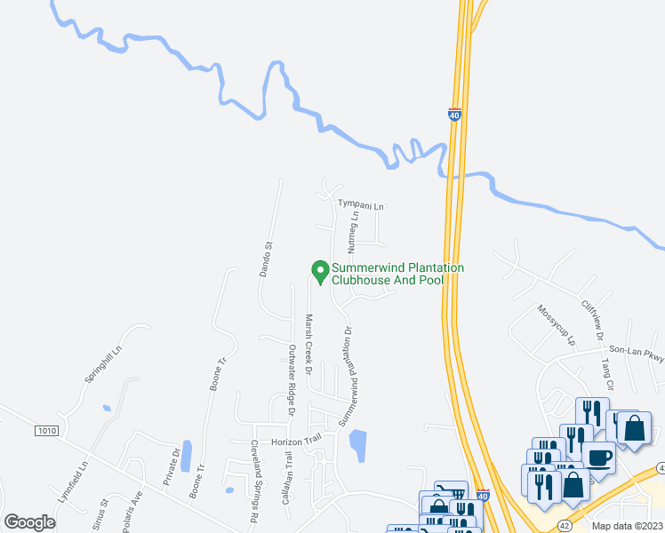 map of restaurants, bars, coffee shops, grocery stores, and more near 523 Summerwind Plantation Drive in Garner