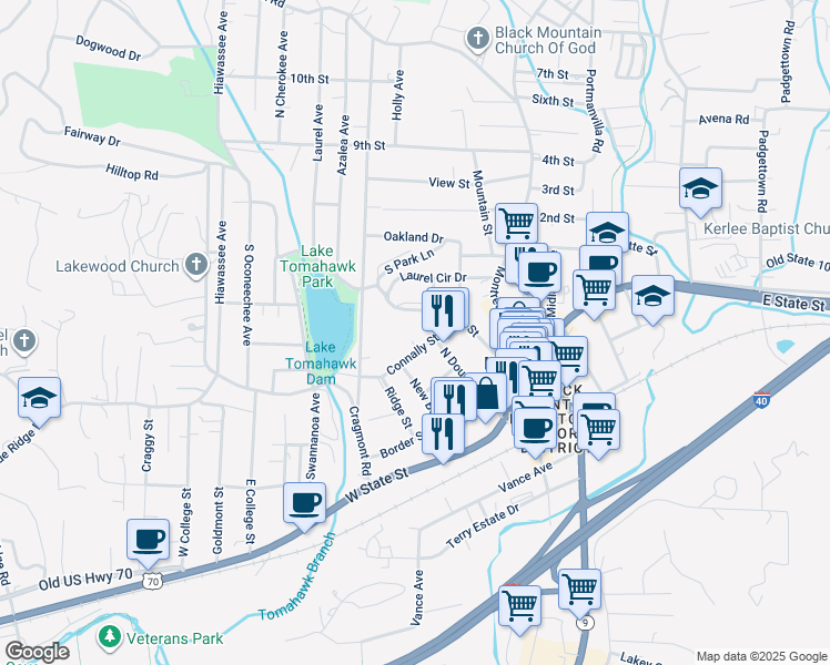 map of restaurants, bars, coffee shops, grocery stores, and more near 110 Connally Street in Black Mountain