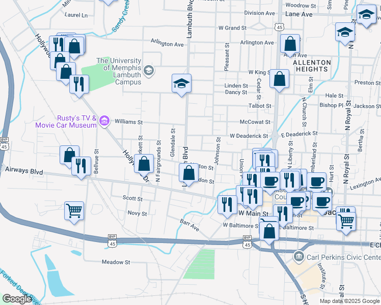 map of restaurants, bars, coffee shops, grocery stores, and more near 407 Lambuth Boulevard in Jackson