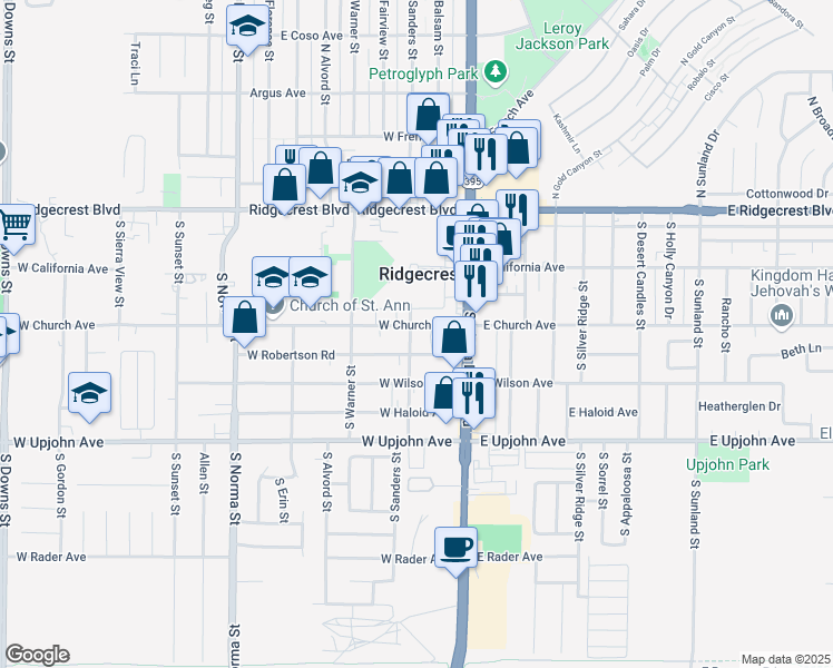 map of restaurants, bars, coffee shops, grocery stores, and more near 132 West Church Avenue in Ridgecrest