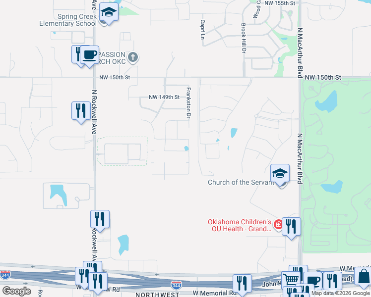 map of restaurants, bars, coffee shops, grocery stores, and more near 5938-6372 Northwest 150th Street in Edmond