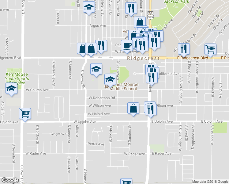 map of restaurants, bars, coffee shops, grocery stores, and more near 303 West Church Avenue in Ridgecrest