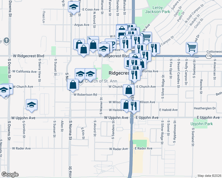 map of restaurants, bars, coffee shops, grocery stores, and more near 232 West Church Avenue in Ridgecrest